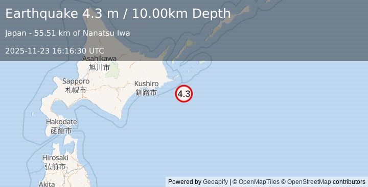Earthquake OFF COAST OF HOKKAIDO, JAPAN (4.3 m) (2025-11-23 16:16:30 UTC)