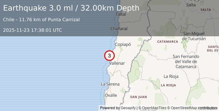 Earthquake OFFSHORE ATACAMA, CHILE (3.0 ml) (2025-11-23 17:38:01 UTC)