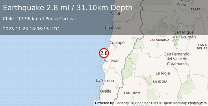 Earthquake OFFSHORE ATACAMA, CHILE (2.8 ml) (2025-11-23 18:06:15 UTC)