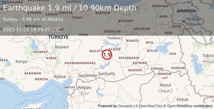 Earthquake EASTERN TURKEY (1.9 ml) (2025-11-23 19:29:07 UTC)