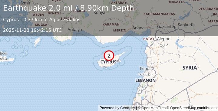 Earthquake CYPRUS REGION (2.0 ml) (2025-11-23 19:42:15 UTC)