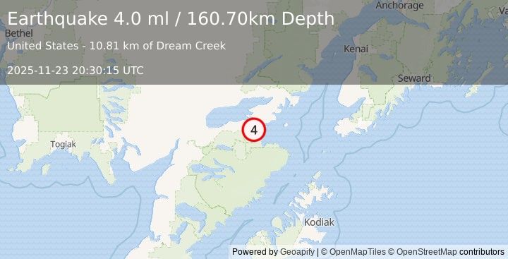 Earthquake SOUTHERN ALASKA (4.1 ml) (2025-11-23 20:30:18 UTC)