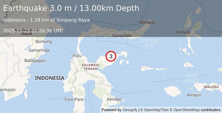 Earthquake SULAWESI, INDONESIA (3.0 m) (2025-11-23 20:26:36 UTC)