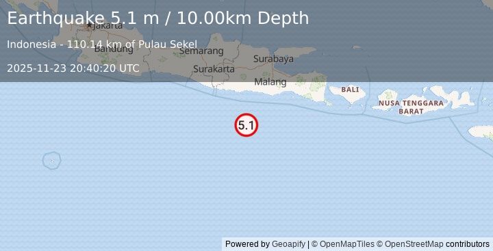 Earthquake SOUTH OF JAVA, INDONESIA (4.9 mb) (2025-11-23 20:40:25 UTC)