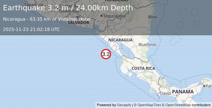 Earthquake NEAR COAST OF NICARAGUA (3.2 m) (2025-11-23 21:02:18 UTC)