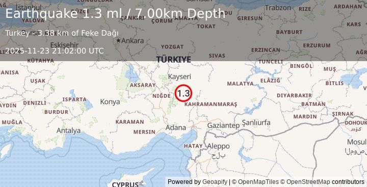 Earthquake CENTRAL TURKEY (1.3 ml) (2025-11-23 21:02:00 UTC)