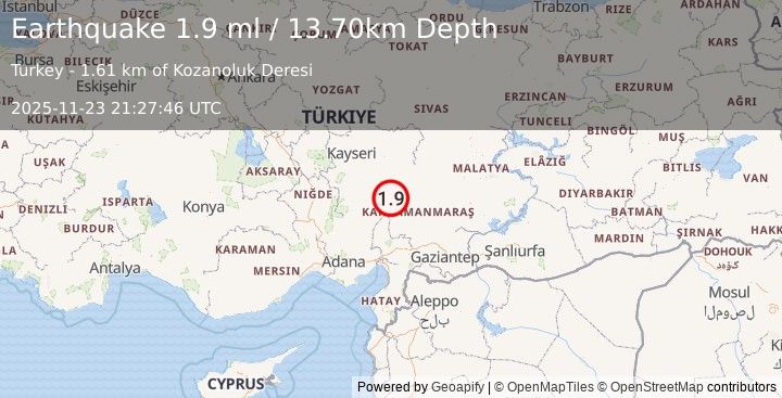 Earthquake CENTRAL TURKEY (1.9 ml) (2025-11-23 21:27:46 UTC)