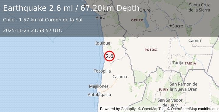 Earthquake TARAPACA, CHILE (2.6 ml) (2025-11-23 21:58:57 UTC)