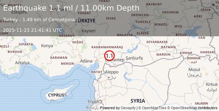 Earthquake CENTRAL TURKEY (1.1 ml) (2025-11-23 21:41:41 UTC)