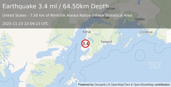 Earthquake KENAI PENINSULA, ALASKA (3.6 ml) (2025-11-23 22:09:24 UTC)