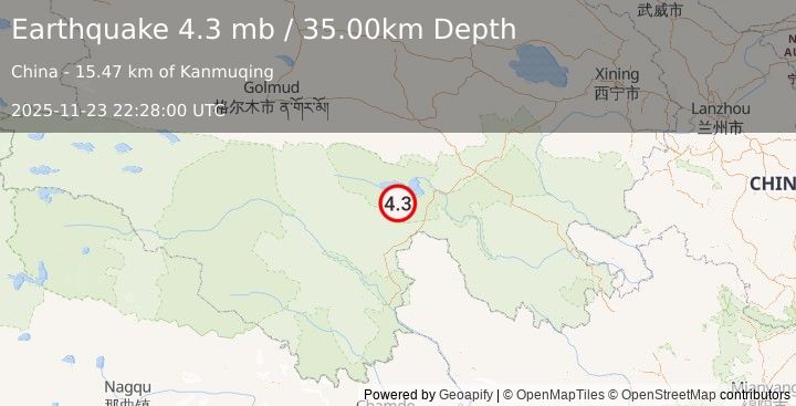 Earthquake SOUTHERN QINGHAI, CHINA (4.3 mb) (2025-11-23 22:28:00 UTC)