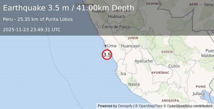 Earthquake NEAR COAST OF CENTRAL PERU (3.5 m) (2025-11-23 23:49:31 UTC)