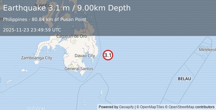 Earthquake PHILIPPINE ISLANDS REGION (3.1 m) (2025-11-23 23:49:59 UTC)
