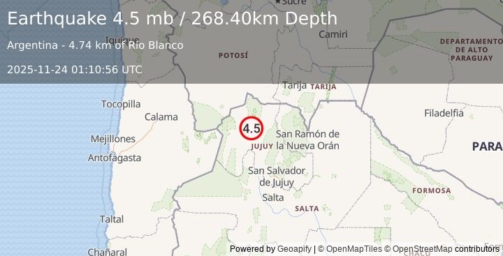 Earthquake JUJUY, ARGENTINA (4.5 mb) (2025-11-24 01:10:56 UTC)