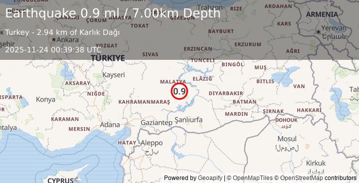 Earthquake EASTERN TURKEY (0.9 ml) (2025-11-24 00:39:38 UTC)