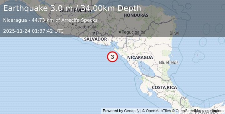 Earthquake NEAR COAST OF NICARAGUA (3.0 m) (2025-11-24 01:37:42 UTC)