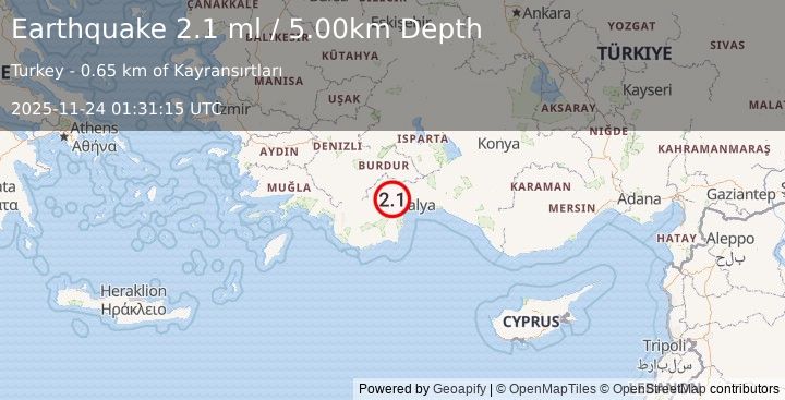 Earthquake WESTERN TURKEY (2.1 ml) (2025-11-24 01:31:15 UTC)
