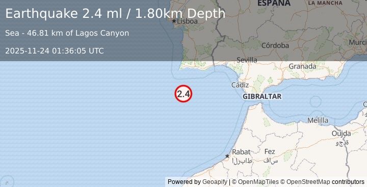 Earthquake WEST OF GIBRALTAR (2.4 ml) (2025-11-24 01:36:05 UTC)