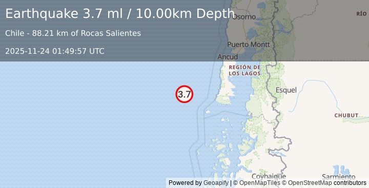 Earthquake OFF COAST OF LOS LAGOS, CHILE (3.7 ml) (2025-11-24 01:49:57 UTC)