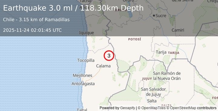 Earthquake ANTOFAGASTA, CHILE (3.0 ml) (2025-11-24 02:01:45 UTC)