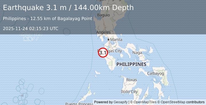 Earthquake MINDORO, PHILIPPINES (3.1 m) (2025-11-24 02:15:23 UTC)