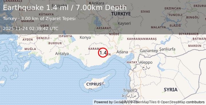 Earthquake CENTRAL TURKEY (1.4 ml) (2025-11-24 02:39:42 UTC)