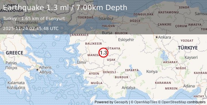 Earthquake WESTERN TURKEY (1.3 ml) (2025-11-24 02:45:48 UTC)