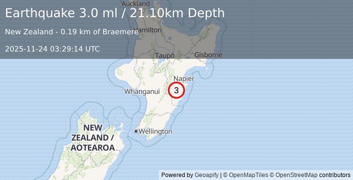 Earthquake NORTH ISLAND OF NEW ZEALAND (3.0 ml) (2025-11-24 03:29:14 UTC)