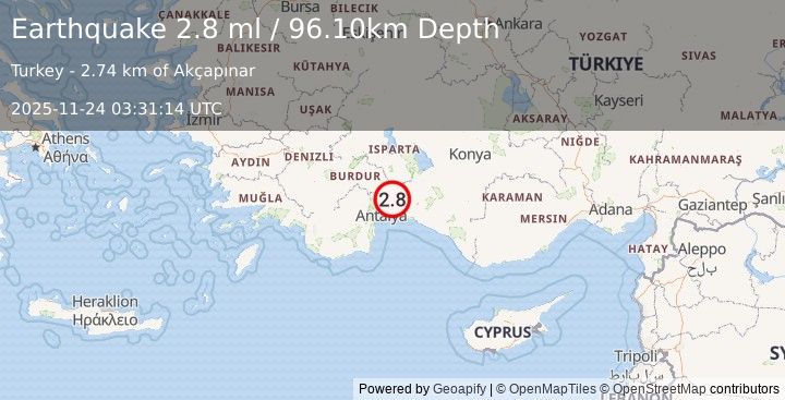 Earthquake WESTERN TURKEY (2.6 ml) (2025-11-24 03:31:15 UTC)