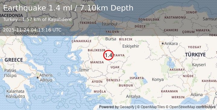 Earthquake WESTERN TURKEY (1.4 ml) (2025-11-24 04:13:16 UTC)