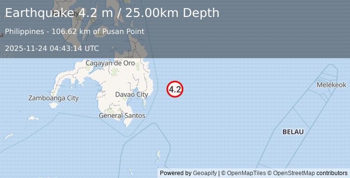 Earthquake PHILIPPINE ISLANDS REGION (4.2 m) (2025-11-24 04:43:14 UTC)