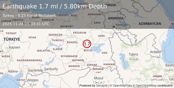 Earthquake EASTERN TURKEY (1.6 ml) (2025-11-24 05:33:29 UTC)