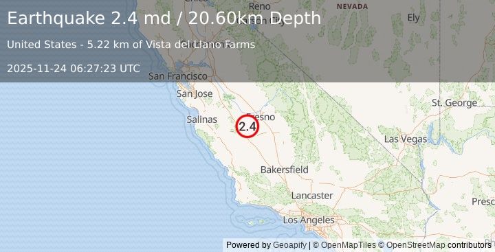Earthquake CENTRAL CALIFORNIA (2.4 md) (2025-11-24 06:27:23 UTC)