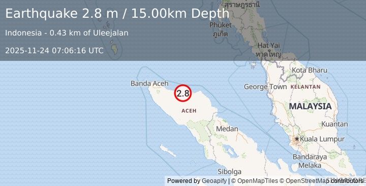 Earthquake NORTHERN SUMATRA, INDONESIA (2.8 m) (2025-11-24 07:06:16 UTC)