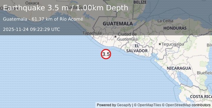 Earthquake OFFSHORE GUATEMALA (3.5 m) (2025-11-24 09:22:29 UTC)