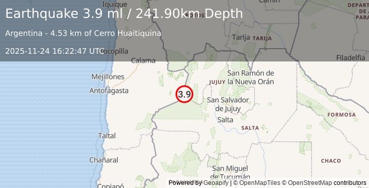 Earthquake JUJUY, ARGENTINA (3.9 ml) (2025-11-24 16:22:47 UTC)