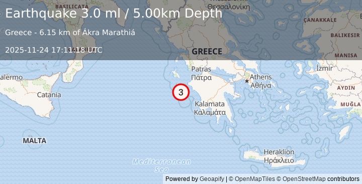 Earthquake IONIAN SEA (2.9 ml) (2025-11-24 17:11:17 UTC)
