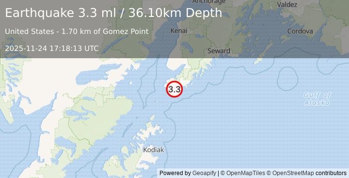 Earthquake KENAI PENINSULA, ALASKA (3.3 ml) (2025-11-24 17:18:13 UTC)