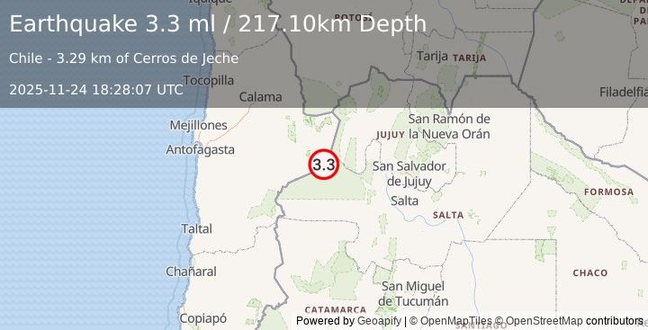 Earthquake ANTOFAGASTA, CHILE (3.3 ml) (2025-11-24 18:28:07 UTC)
