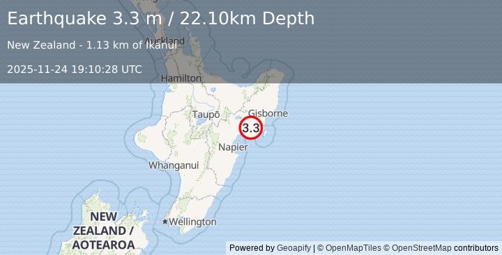 Earthquake OFF E. COAST OF N. ISLAND, N.Z. (3.3 m) (2025-11-24 19:10:28 UTC)