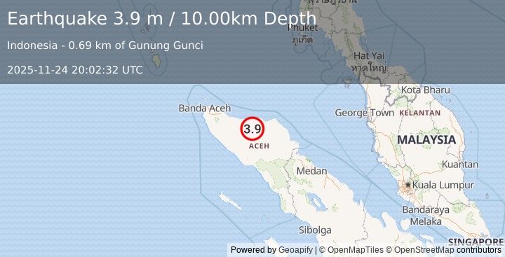Earthquake NORTHERN SUMATRA, INDONESIA (3.9 m) (2025-11-24 20:02:32 UTC)