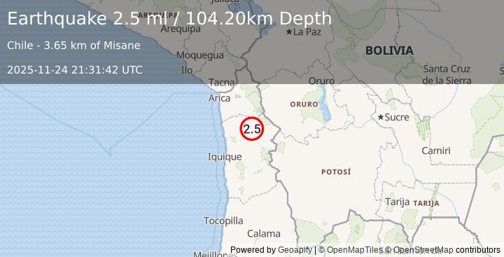 Earthquake TARAPACA, CHILE (2.5 ml) (2025-11-24 21:31:42 UTC)