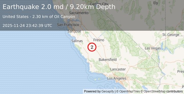 Earthquake CENTRAL CALIFORNIA (2.0 md) (2025-11-24 23:42:39 UTC)