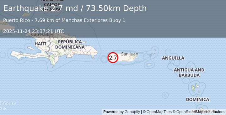 Earthquake MONA PASSAGE, PUERTO RICO (2.7 md) (2025-11-24 23:37:21 UTC)