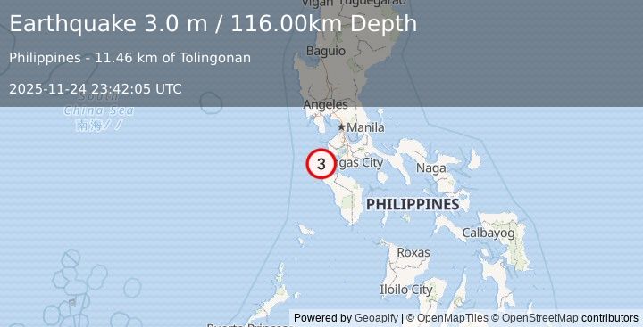 Earthquake MINDORO, PHILIPPINES (3.0 m) (2025-11-24 23:42:05 UTC)