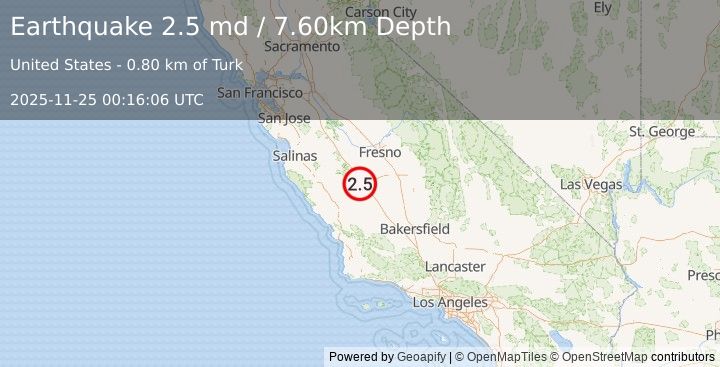 Earthquake CENTRAL CALIFORNIA (2.5 md) (2025-11-25 00:16:06 UTC)