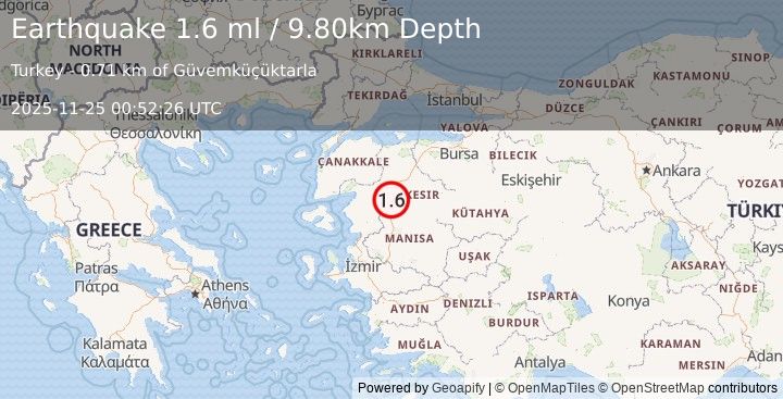 Earthquake WESTERN TURKEY (1.6 ml) (2025-11-25 00:52:25 UTC)