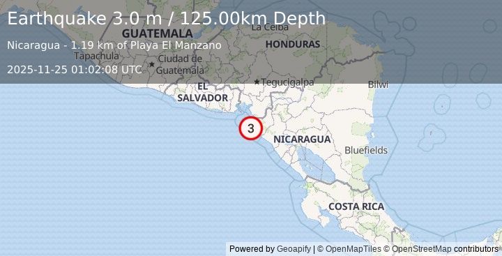 Earthquake NEAR COAST OF NICARAGUA (3.0 m) (2025-11-25 01:02:08 UTC)
