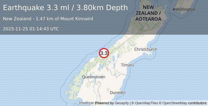 Earthquake SOUTH ISLAND OF NEW ZEALAND (3.3 ml) (2025-11-25 01:14:43 UTC)