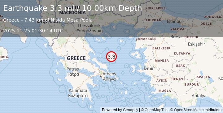 Earthquake AEGEAN SEA (3.3 ml) (2025-11-25 01:30:13 UTC)
